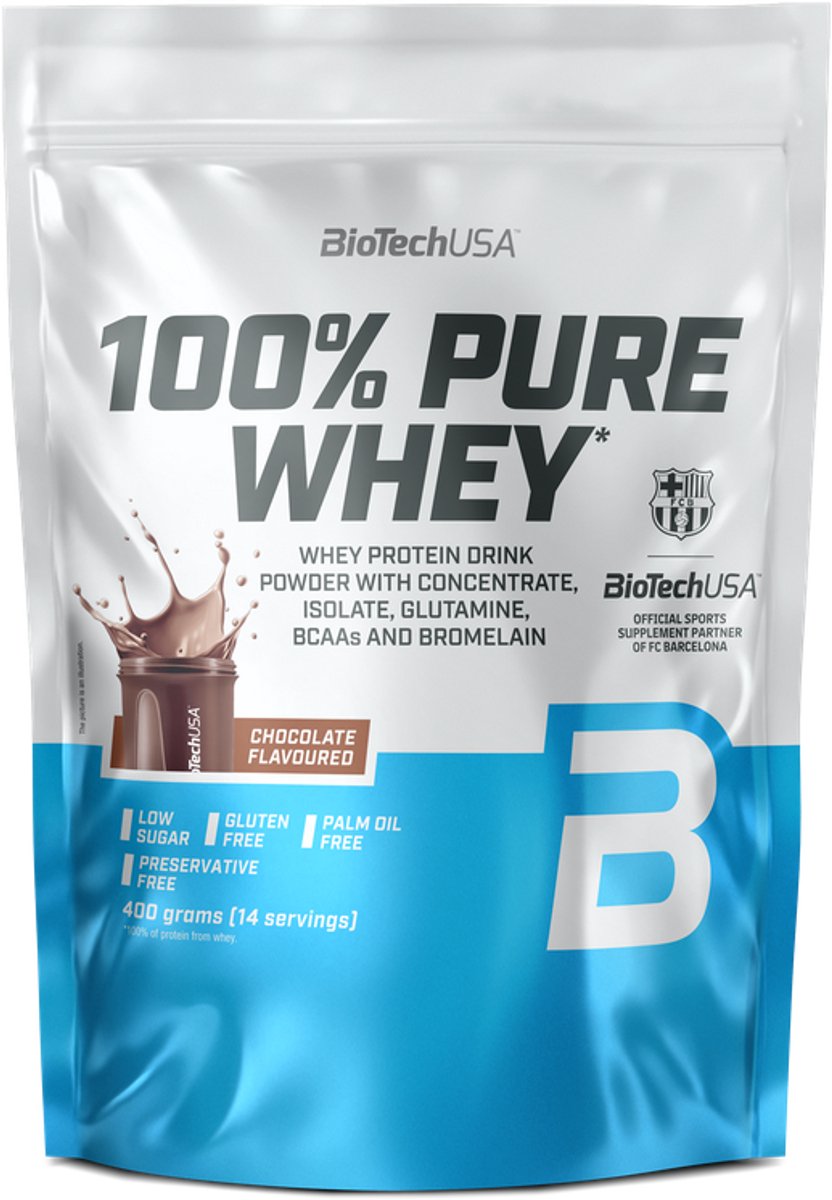 BioTechUSA 100% Pure Whey | Eiwitpoeder met BCAA en Glutamine | Glutenvrij, Palmolievrij | 21g Eiwit per portie, 400 g, Chocolade