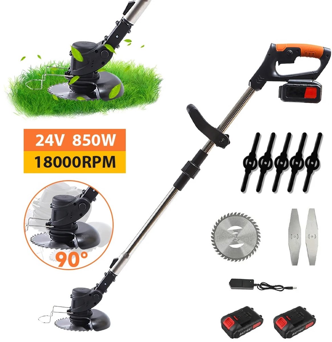 DIMICO - Grastrimmers met accu - Grastrimmer Draadloos - Zwart - Grasmaaier elektrisch - Tuingereedschap - 850W - 18000 rpm