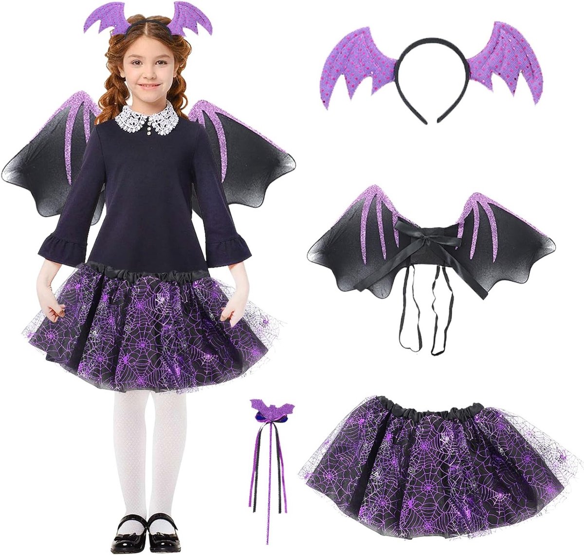 Bat Kostuum voor Kinderen - 4-delig Set met Vleugels, Tutu, Hoofdband en Toverstaf voor Halloween, Carnaval en Cosplay Feestjes