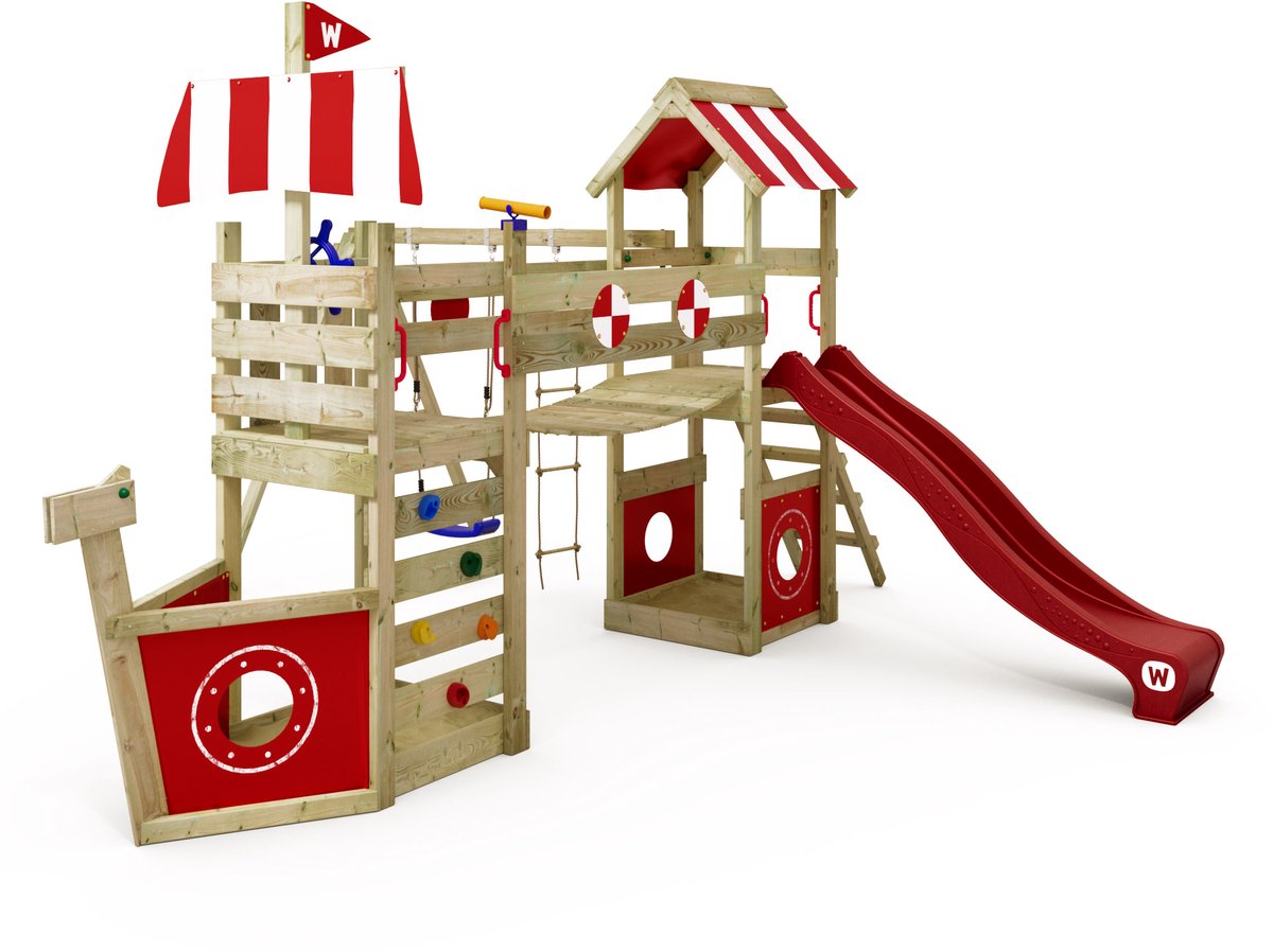 Wickey StormFlyer Speeltoestel - Schommel en Touwladder met Glijbaan - Wiebelbrug & 2 Zandbakken - 494x495x260 cm - Rood