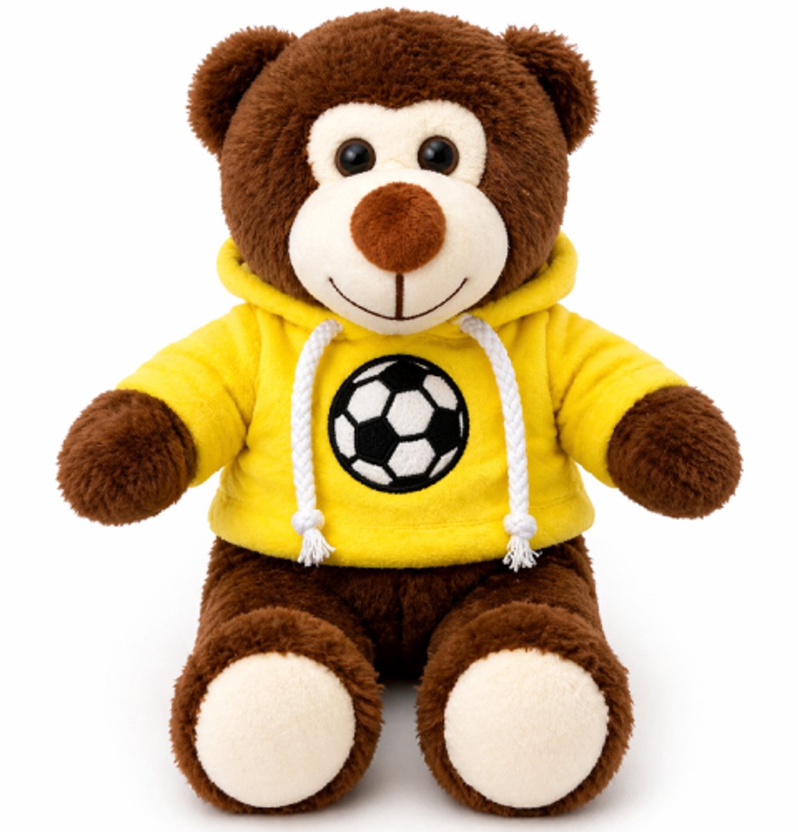 Teddybeer Bruin met Gele Voetbal Hoodie Pluche Knuffel 28 cm - Speelgoed Knuffels voor Kinderen Jongens Meisjes - Knuffelbeer Beertje - Football Soccer Plush