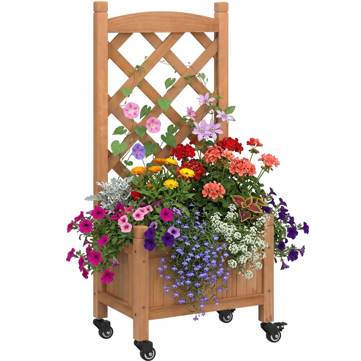 Plantenbak met klimrek - Bloembak - Weerbestendig - Plantenrek - Met trellis - Met wieltjes - Buiten - Hout - 36 Liter - Bruin