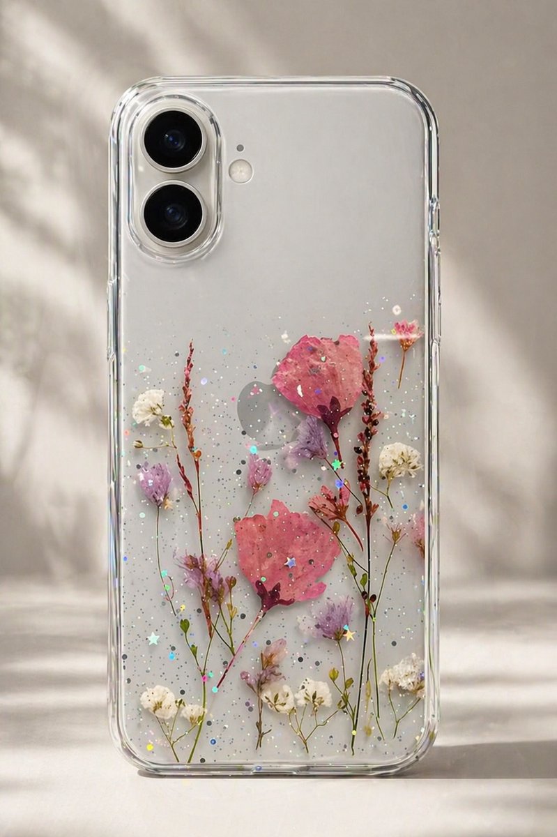 Telefoonhoesje met vrolijke roze gedroogde bloem - droogbloem - Iphone 16