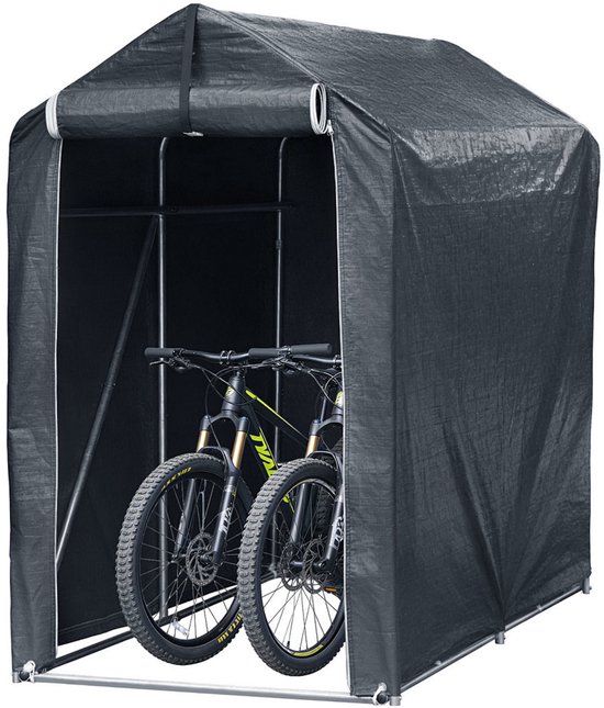 Grijze garagetent met twee mountainbikes erin. Witte achtergrond.