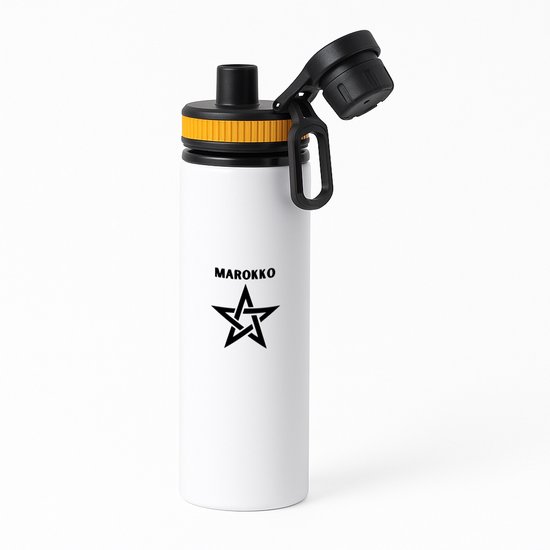 Bouteille d'eau blanche de 850ML avec un bouchon orange et le texte MAROKKO avec une étoile.