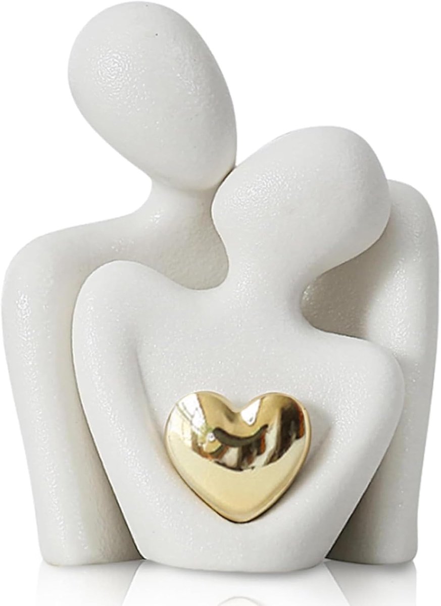 JeiibrZui Romantiek - Compact - 1 Stuks - Goud en Wit - Keramisch Paar Standbeeld met Hart voor Huwelijkscadeau en Woonkamer Decoratie