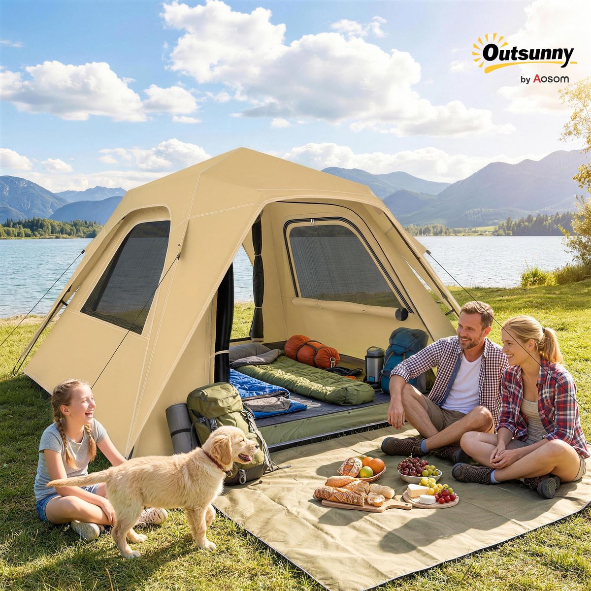 Familietent - 2-3Personen - Kampeertent - Camping Tent - Inclusief waterdichte regenhoes (3000 mm) en opbergtas - Snel Opzetbaa - Voor Camping & Outdoor - UV-bestendig - 240x240x160cm - Khaki – foto 2