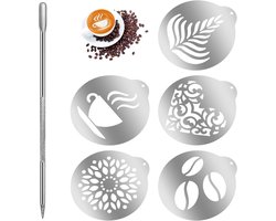 Set van 6 Latte Art Pens en Stencils voor Koffie, Cappuccino en Taartdecoratie - RVS Koffiestencils voor Thuis en Café