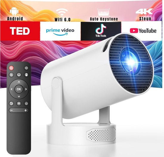 Mini beamer korte afstand grijs 1080p 4K WiFi 6 Android TV Bluetooth 220° rotatie draagbaar projector