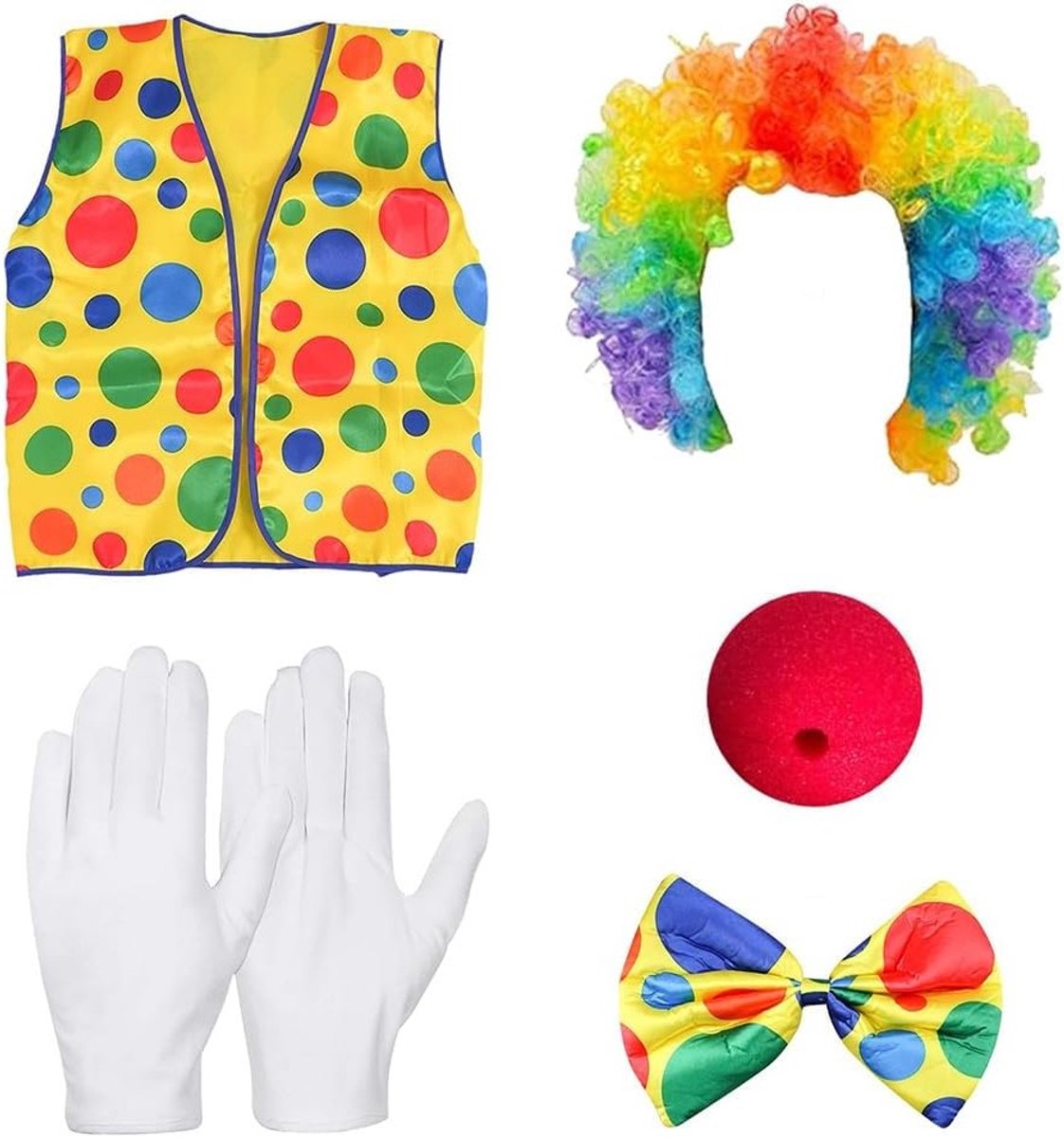 Complete Clown Kostuum Set met Neus, Perücke, Strik en Vest voor Halloween en Feestjes - Clown Outfit Accessoires