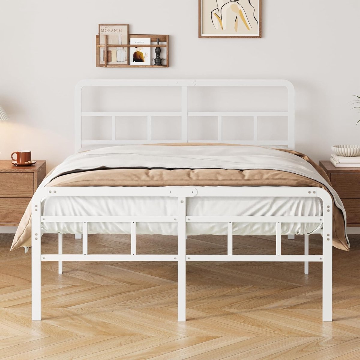 Minimalistisch Metalen Bedframe 140x200 cm met Hoofdbord en Voeteneinde – Stevig Stalen Tweepersoonsbed, 46 cm Hoog, Geluidsarm Lattenframe, Modern Design, Eenvoudige Montage