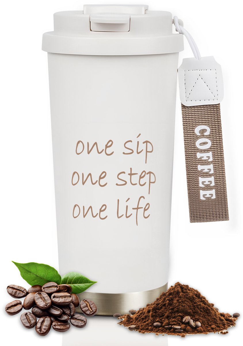Rivv Thermosbeker - Koffiebeker To Go - 530ml Koffiebeker met Deksel & Draaglus - Lekvrij - Antislip - Herbruikbare Travel Mug - Warm & Koud - Wit met Motivatie Tekst