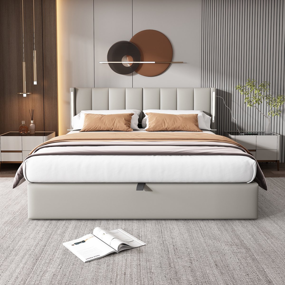 VVBV Gestoffeerd Bed 140x200 cm met LED-Verlichting, USB - Verstelbaar Hoofdbord, Hydraulische Opbergruimte - PU-leer Grijs