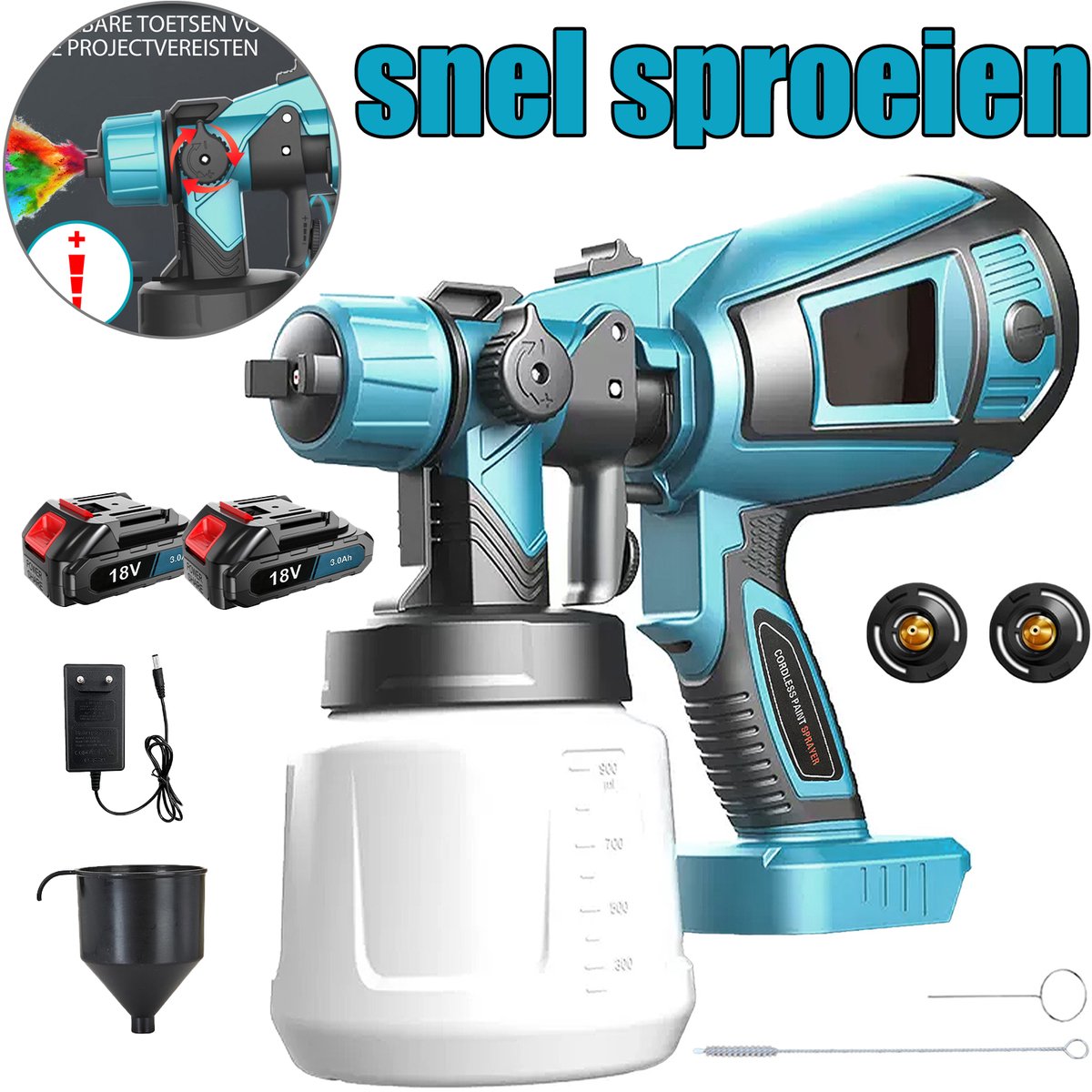 Draadloze verfspuit op accu, 2x 3,0 Ah 18V accu, handzame elektrische verfspuit, 3 sproeiers, instelbare spuitbreedte en debietregeling, HVLP verfspuit voor het schilderen van meubels