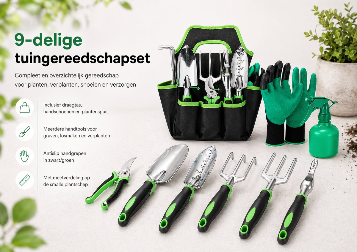 Tuingereedschap Set 9-Delig – Aluminium Tuingereedschapset met Draagtas – Snoeischaar, Schep, Hark & Meer – Tuinieren