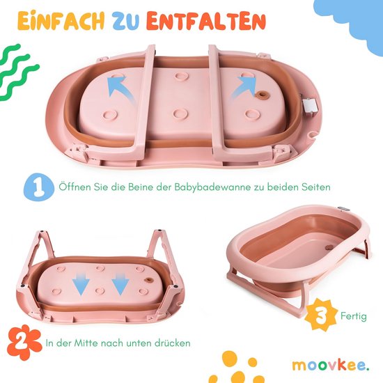 moovkee. Opvouwbaar Babybad 80 cm Donkerroze - Babybadewanne met Thermometer en Badesitz - Antislip Draagbare Babybadkuip voor 0-36 Maanden — afbeelding 2