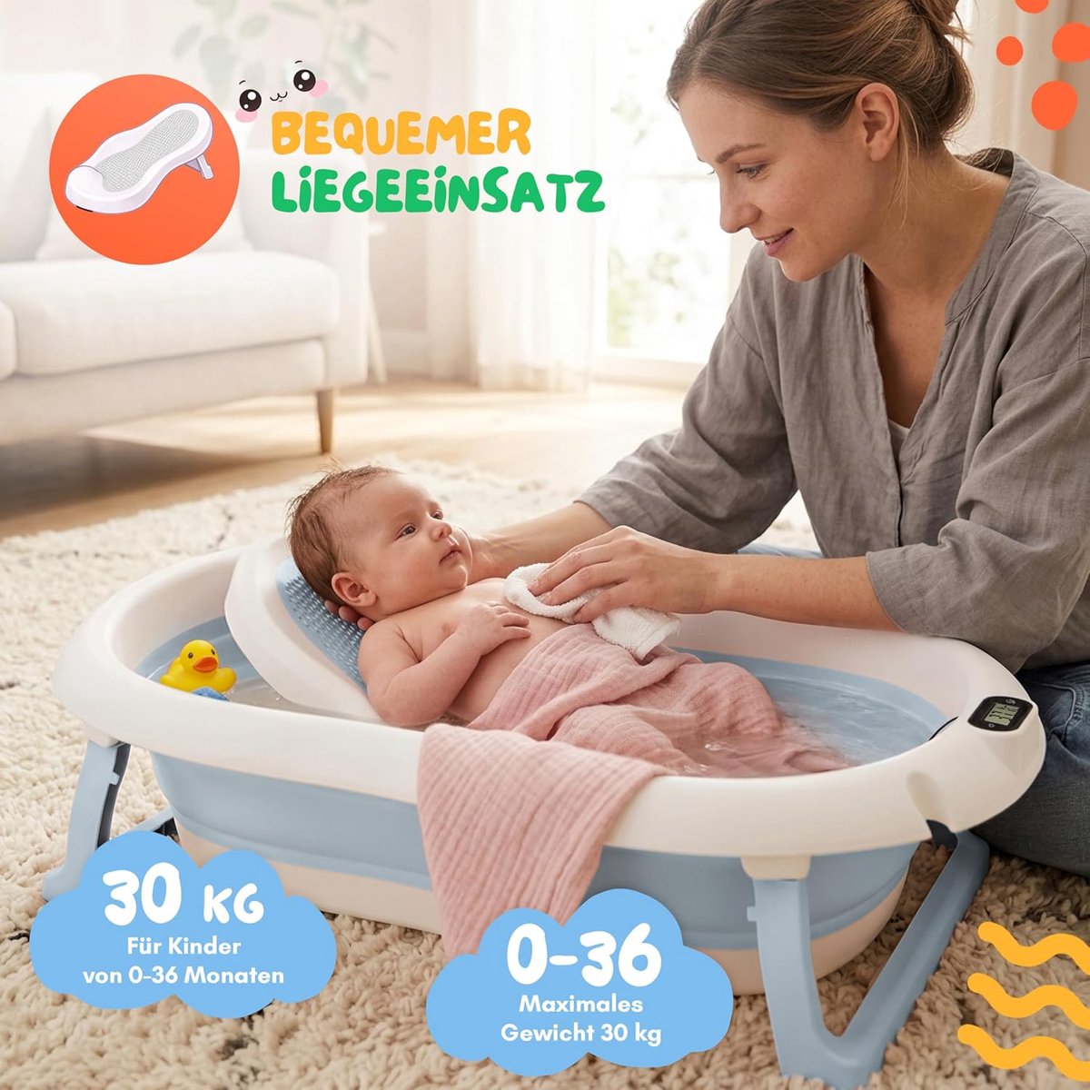 moovkee. Opvouwbaar Babybad 80 cm Blauw - Babybadewanne met Thermometer en Badesitz - Antislip Draagbare Babybadkuip voor 0-36 Maanden thumbnail 4