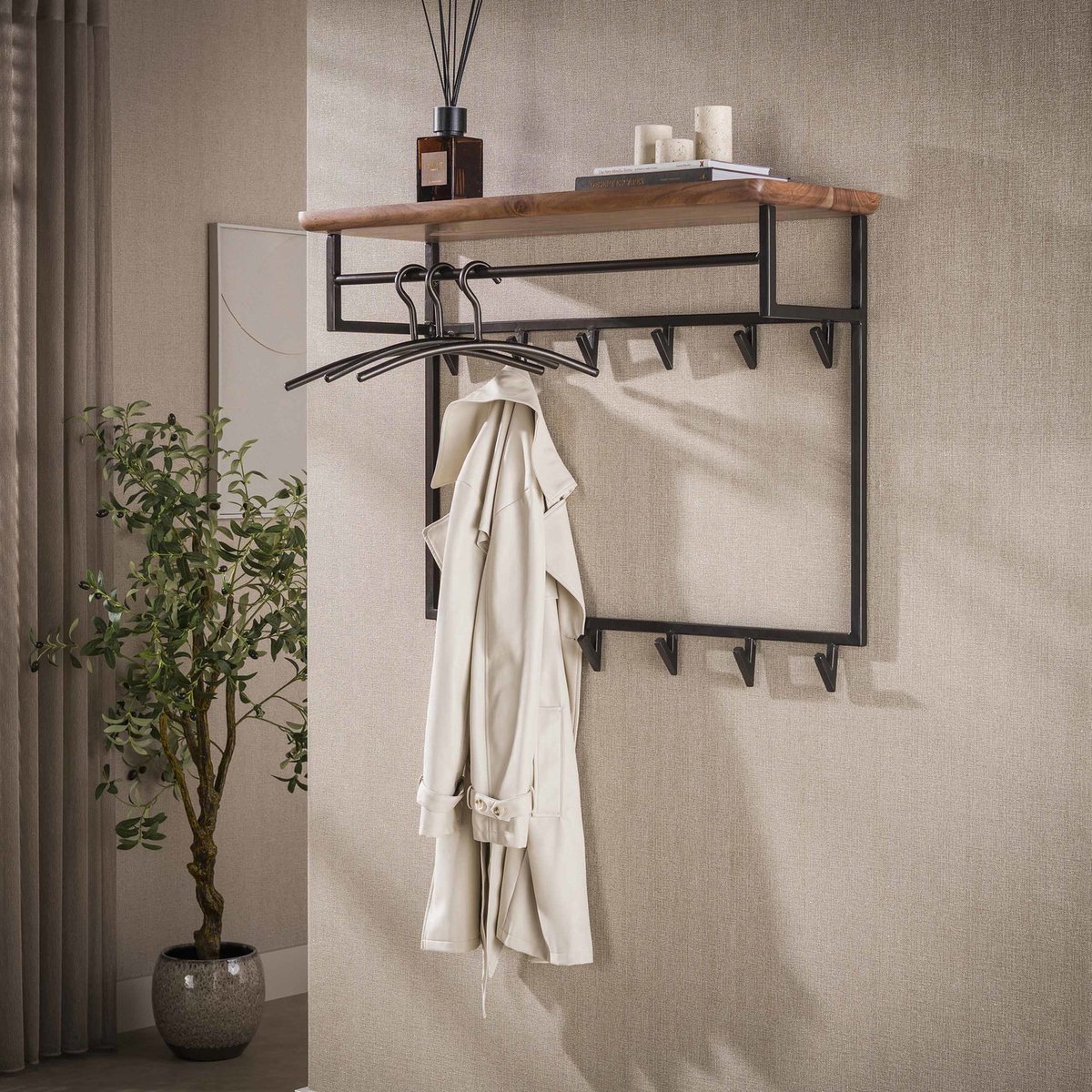 Giga Meubel Kapstok Edge Curve - Bruin Hout - 12 Haken - 100x33x80cm
