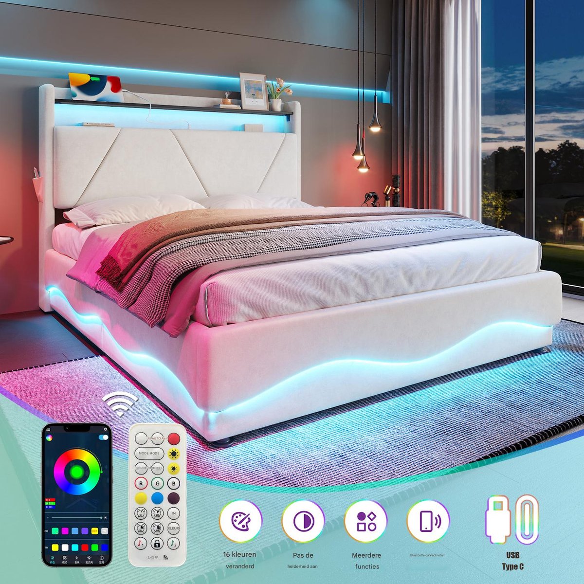 VVBV Bed met opbergruimte 160x200 / Tweepersoonsbed 160x200 – met LED-Verlichting, USB, USB-C, Stopcontact, Lattenbodem – Hoofdbord – Zijvak – Fluweel White