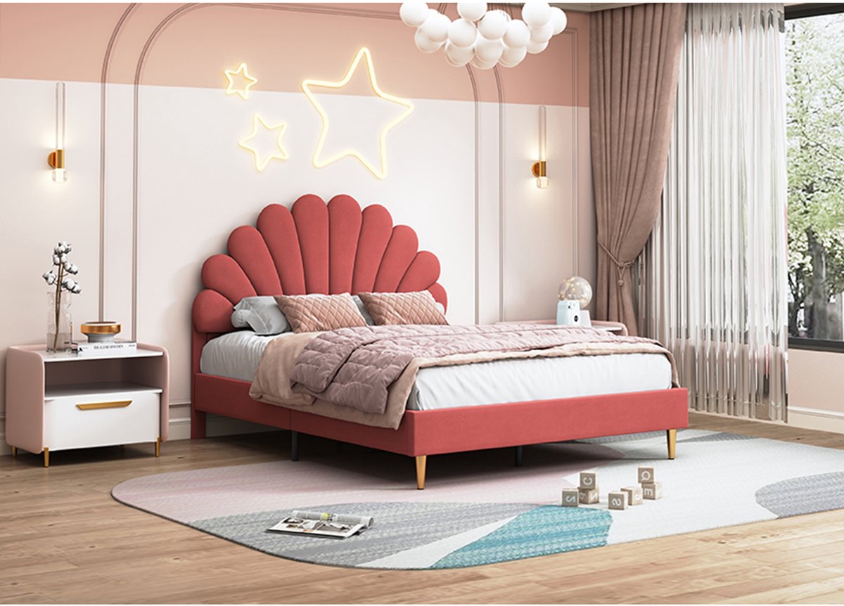ROSAHQNDA Elegant gestoffeerd bed 140 x 200 cm, modern tweepersoonsbed met bloemvormig hoofdeinde, fluwelen bekleding, zonder matras (verzonden in 2 pakketten) Bordeaux