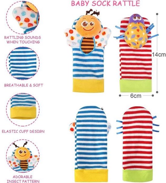 Een vierdelige rammelaarset, geschikt als educatief speelgoed voor baby's van 0-12 maanden, inclusief een babyarmbandje en sokjes. — afbeelding 3