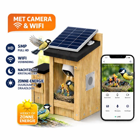 Vogelhuisje Met Camera En Zonnepaneel – Binnen 5 Min Geïnstalleerd – 5MP Full HD – WiFi – Nachtzicht – AI Vogelherkenning – Incl. App & Handleiding
