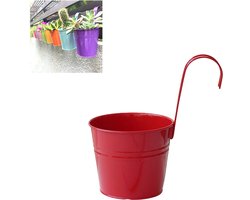 Hangende bloempotten - Bloempotten voor aan de schutting - Bloempotten met haken - Metalen bloempotten voor aan de muur - Bloempotten - Met afneembare haken en drainagegaten - Voor binnen en buiten, balkons, balustrades, enz. - Rood