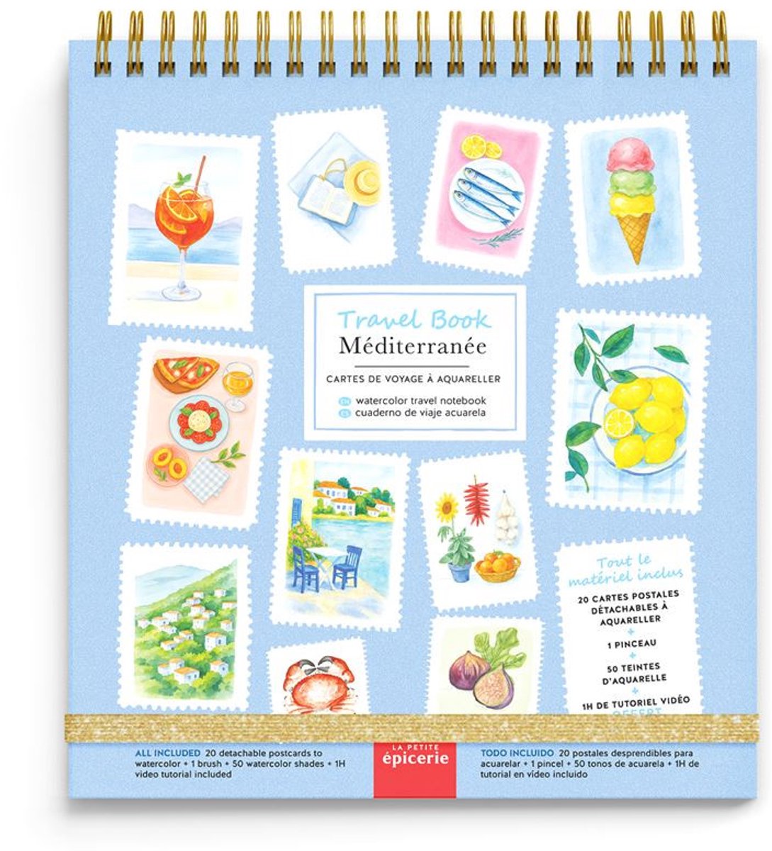 Aquarel Travel Set - La Petite Epicerie Aquarel Travel Book Méditerranée - 13x18cm - Aquarel Reisnotitieboek - 20 ansichtkaarten om te aquarellen 350 gr papier - 1 penseel - 50 aquareltinten