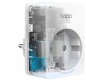 Gedeeltelijk doorschijnende witte Tapo slimme stekker die de interne componenten laat zien, met een groen LED-lampje en een aan/uit-knop.