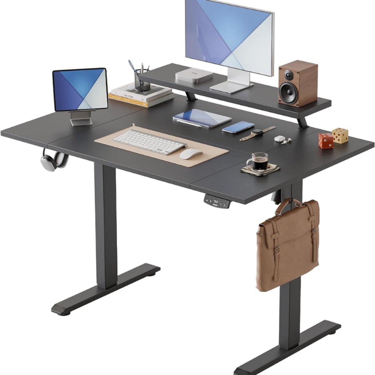 Agilestic Elektrisch in hoogte verstelbaar bureau, 120 x 80 cm, met beweegbare monitorstandaard, staand bureau met 2 geheugenknoppen, 4-delig tafelblad, bureau voor thuiswerk, zwart