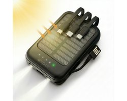 Solar Powerbank met Zaklamp - Zonne Powerbank 5000 mAh - USB-A&USB-C - Mini Powerbank Zonneenergie - Universeel Charger - Solar Panel Powerstation - Portable Charger - Incl. Kabels - Lichte Powerbank met Zonnepanelen - Noodpakket - Zwart - Soundlogic