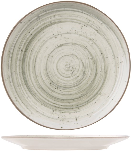 Assiette blanche avec imprimé spirale verte et bord brun, diamètre 26 cm et hauteur 2 cm.