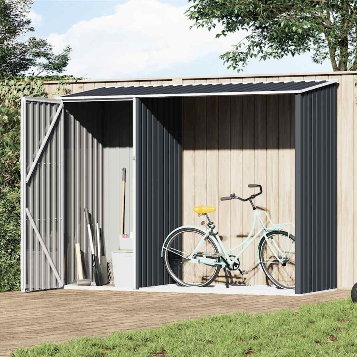 Tuinschuur Verzinkt Staal - Tuinhuisje Opslag - Gereedschap Opbergen - 2-in-1 Houtrek - 245 x 98 x 159 cm - Antraciet