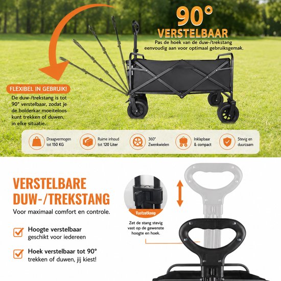 HomeGoodies - Bolderkar - Transportkar - Strandkar - 150L - Opvouwbare bolderwagen met all-terrain wielen - Bekerhouders - Zwart van Homegoodies — afbeelding 5