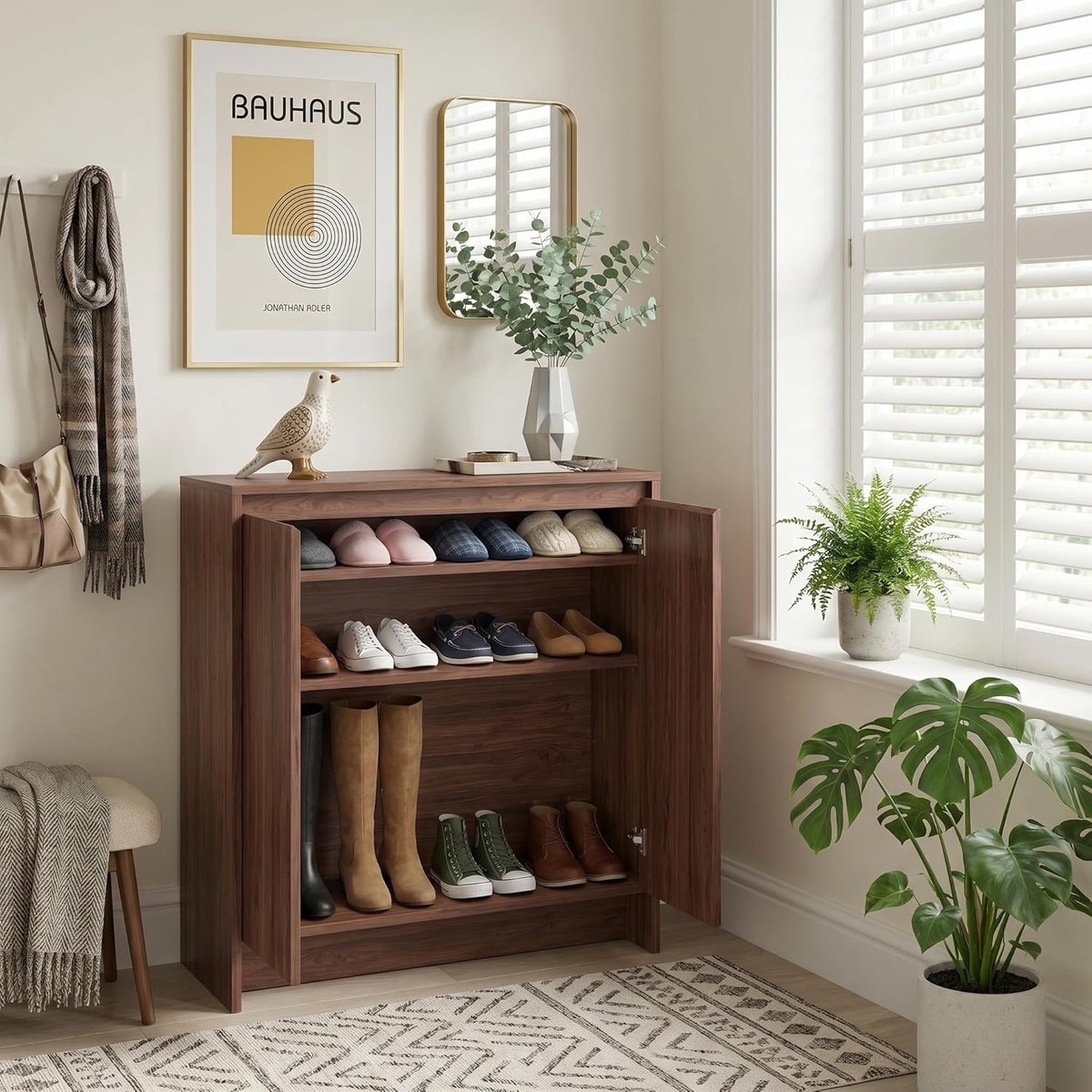 Schoenenkast Walnootlook met Lamellendeuren - Verstelbare Planken, Soft Close Deuren, Grote Opbergruimte, Kipbeveiliging, Halmeubel 78 x 37,1 x 85,1 cm - Mobili Bella