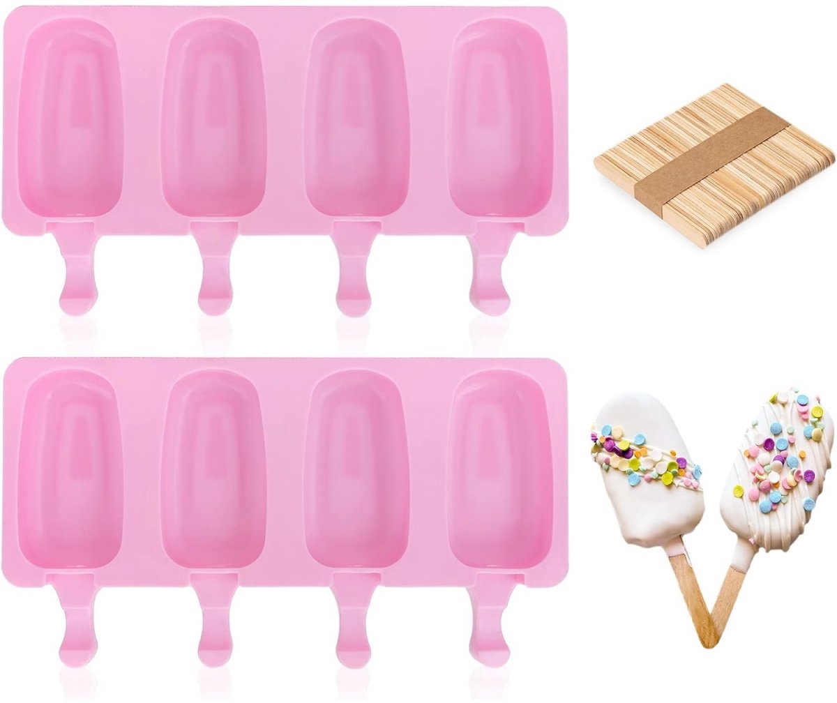 TOVBMUP 2 Stuks Ijsvormen - Siliconen Ijslollyvormen - 26x14,5x2,5 cm - Herbruikbaar, BPA-vrij, Makkelijk Uitvormen en Reinigen - Geschikt voor Zelfgemaakte Ijslollies, Cakepops en Schokoladerepen - Siliconen - Incl. 100 Houten Stokjes