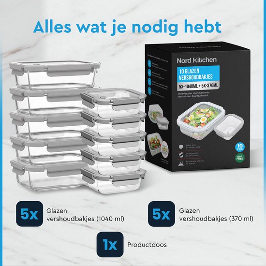 Set de Boîtes de conservation Nord Kitchen - avec couvercle vapeur en Verres - Boîtes de Prep des repas - Boîtes de congélation tout Glas - Hermétiques - 10 pièces - 1040 ml + 370 ml