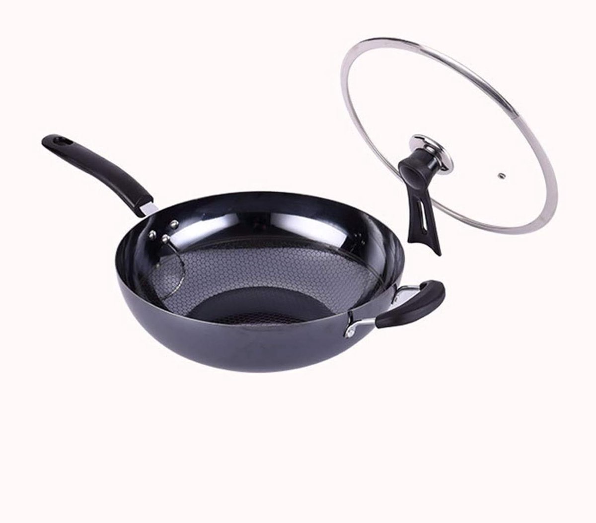 Koekenpan Wok Antiaanbakpan Dubbele Oor Gezond Koken Snelle Warmtegeleiding 32cm Zwart