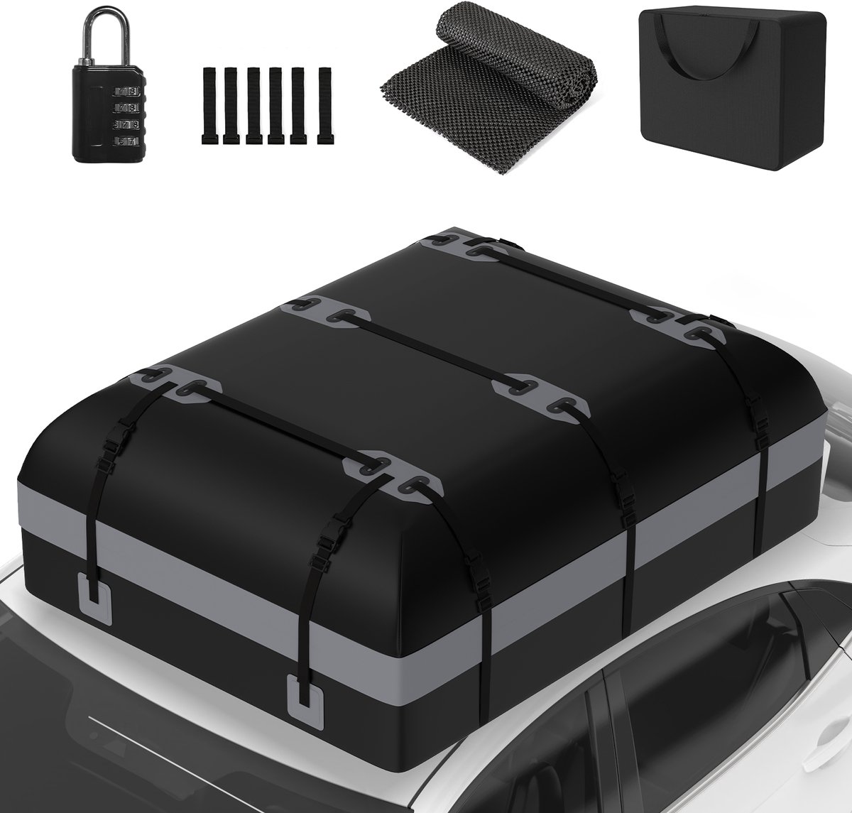 Puluomis - 600L Dakkoffer - Waterdicht - 500D PVC materiaal - 8 riemen - 6 haken - Geschikt voor alle voertuigen met/zonder dakdrager - Inclusief antislipmat - Zwart-grijs