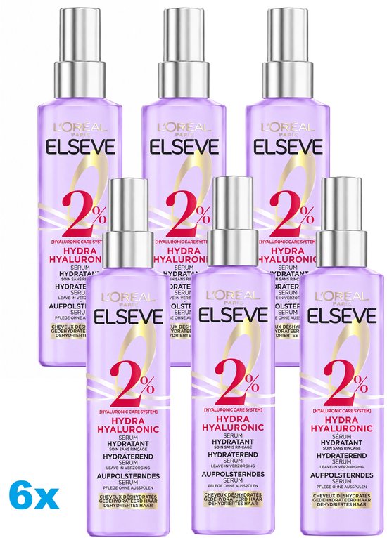 6x L'Oréal Paris Elseve Hydra Hyaluronic sérum. Flacons violets avec bouchon blanc et pulvérisateur. Texte '2% Hyaluronic Acid'.