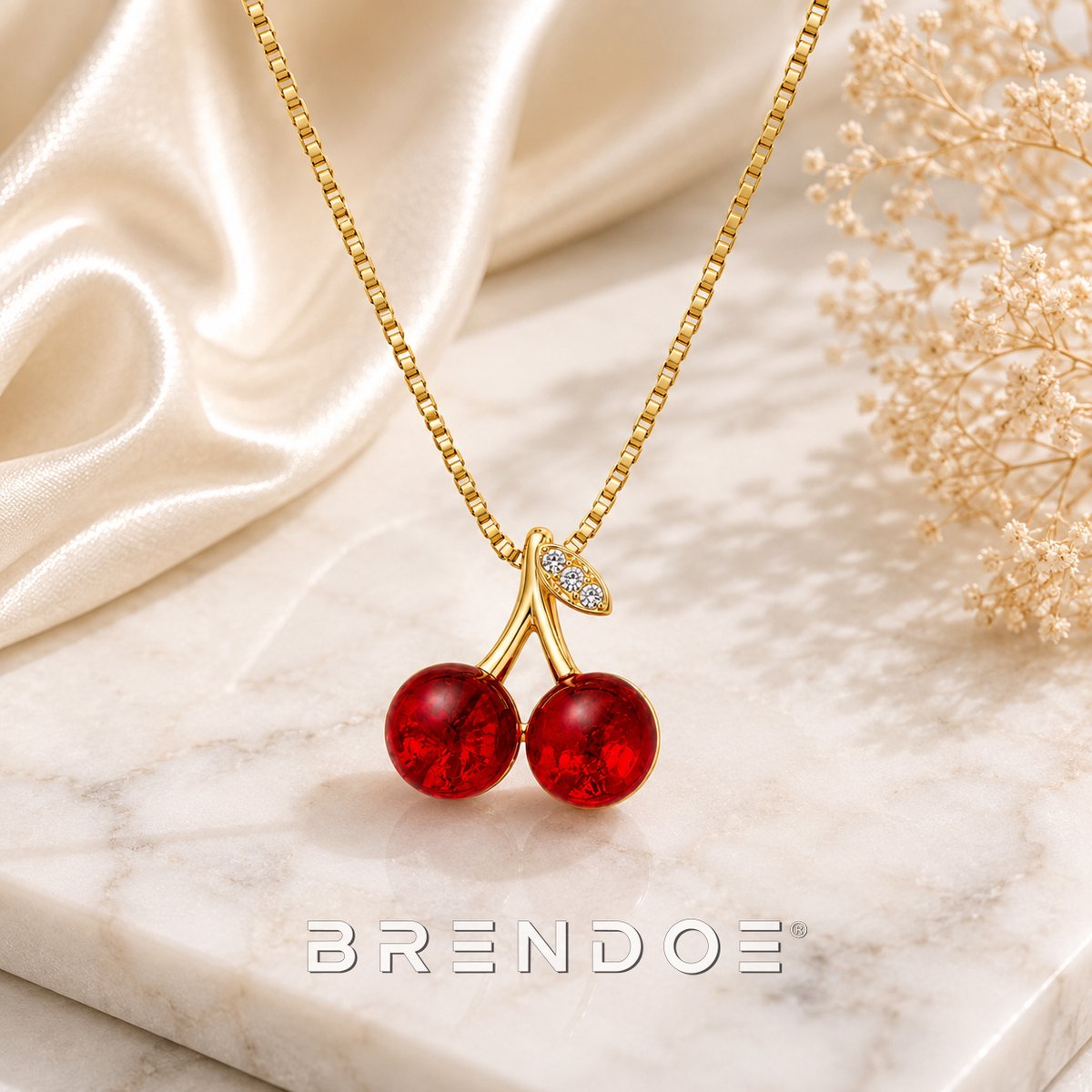 Brendoe Goudkleurige Kersen Ketting Dames – Rode Kers Hanger Verwisselbaar – Verstelbare RVS Ketting