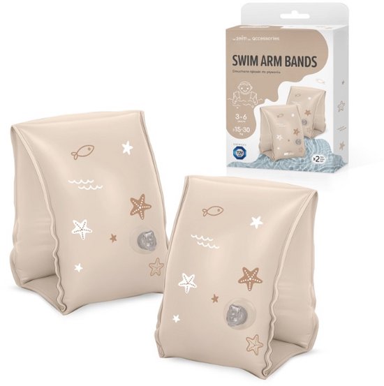 Beige opblaasbare zwembanden met opdruk van visjes, sterren en golfjes. Verpakt in doos.