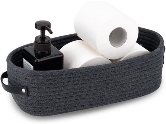 Panier en corde de coton - Noir - 33x15x10 cm - Panier de rangement - Paniers de rangement - Avec poignées en cuir - Organisateur de toilettes - Coton - Panier de salle de bain - Organisateur de comptoir - Panier tressé - Noir
