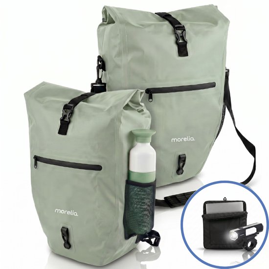 Morelia® Fietstas - Incl Laptoptas & Voorlamp 400 Lumen - Fietstassen - Fietstassen Electrische Fietsen - Fietstassen Enkel - 30 Liter - 100% Waterdicht - Tarpaulin materiaal - Mint Groen