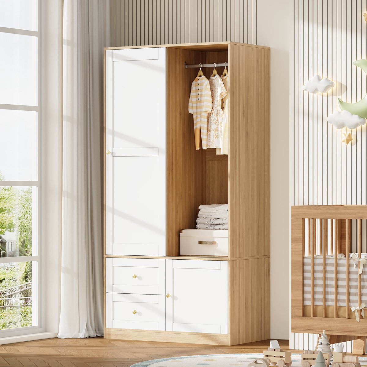 MODFU Kledingkast Met Schuifdeur - Met Laden En Legplanken - Modern - Voor Slaapkamer - MDF - Wit En Naturel - 90 X 50 X 180 Cm Natuurlijk+Wit