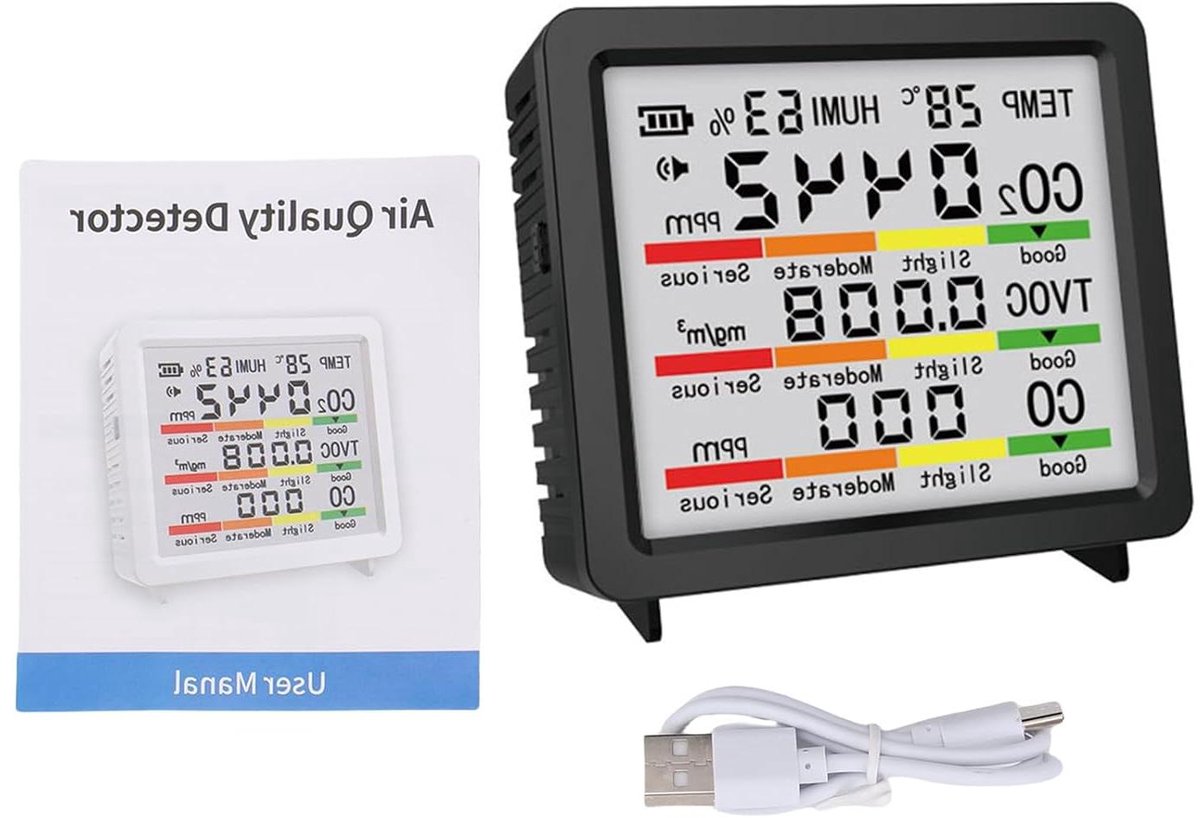 Luchtkwaliteitsmonitor - Binnenlucht tester - Gezond Klimaat - 5-in-1 Meting - 30+ Uur Batterij - Zwart