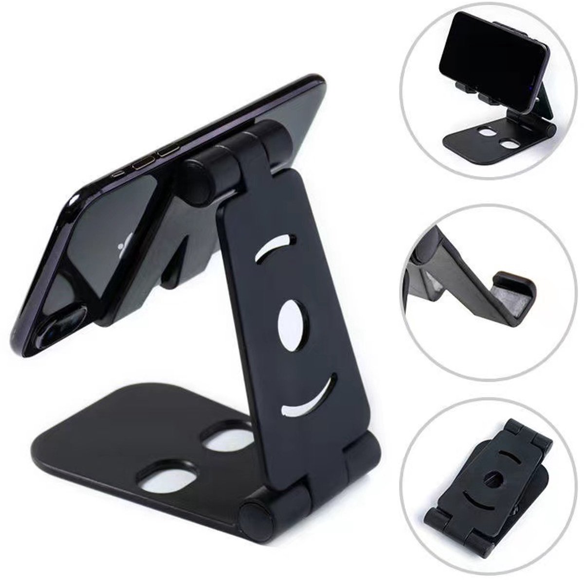 Okado Opvouwbare Telefoonhouder Bureau Zwart – Telefoonstandaard en Tabletstandaard tot 8 inch – Compacte ABS Desktop Stand voor Thuis en Kantoor