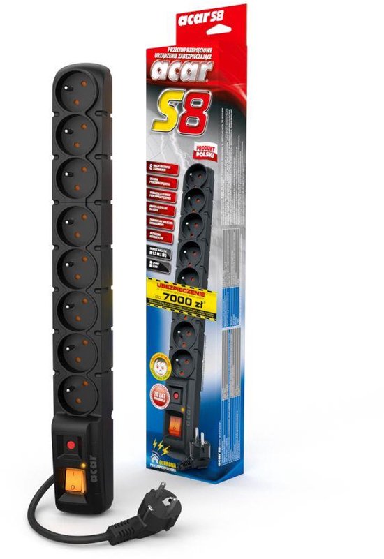 Rallonge d'alimentation ACAR S8 1,5 m 8 prise (s) CA Intérieur Zwart