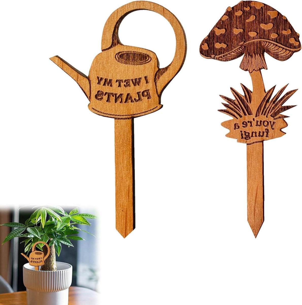Tuindecoratie Set - Plantenstekers Hout - Planten Markeren - Voegt Plezier Toe - 4 Stuks - Natuurlijk Hout