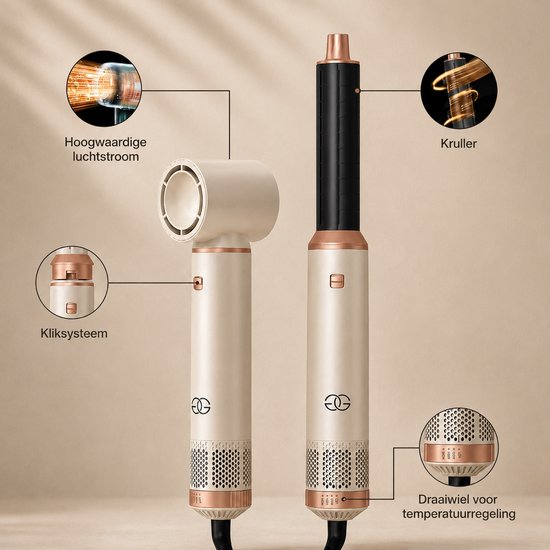 Golden Goods® Airstyler - Fohnborstel - Multistyler - Krulborstel tot 110ºC - Krultang 5-in-1 - Hairwrap Föhn met 5 opzetstukken - 1000W Haardroger Styler - Incl. Hittebestendige Handschoen